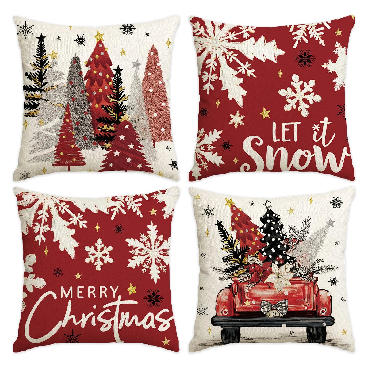 Vintage Christmas Holiday Decorative Throw Pillow Covers - Set of 4