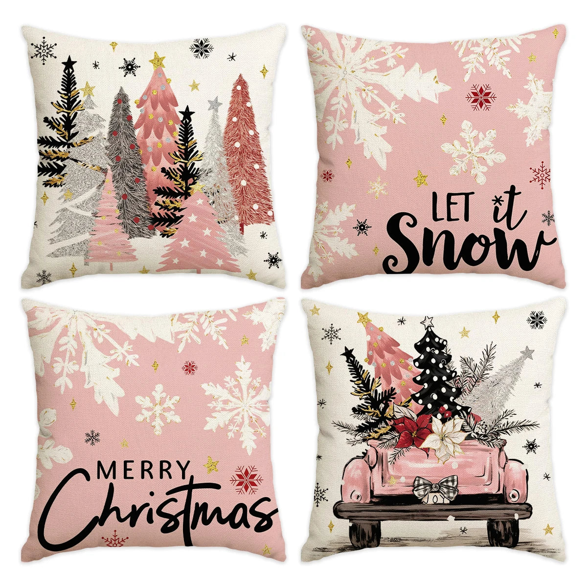 Vintage Christmas Holiday Decorative Throw Pillow Covers - Set of 4