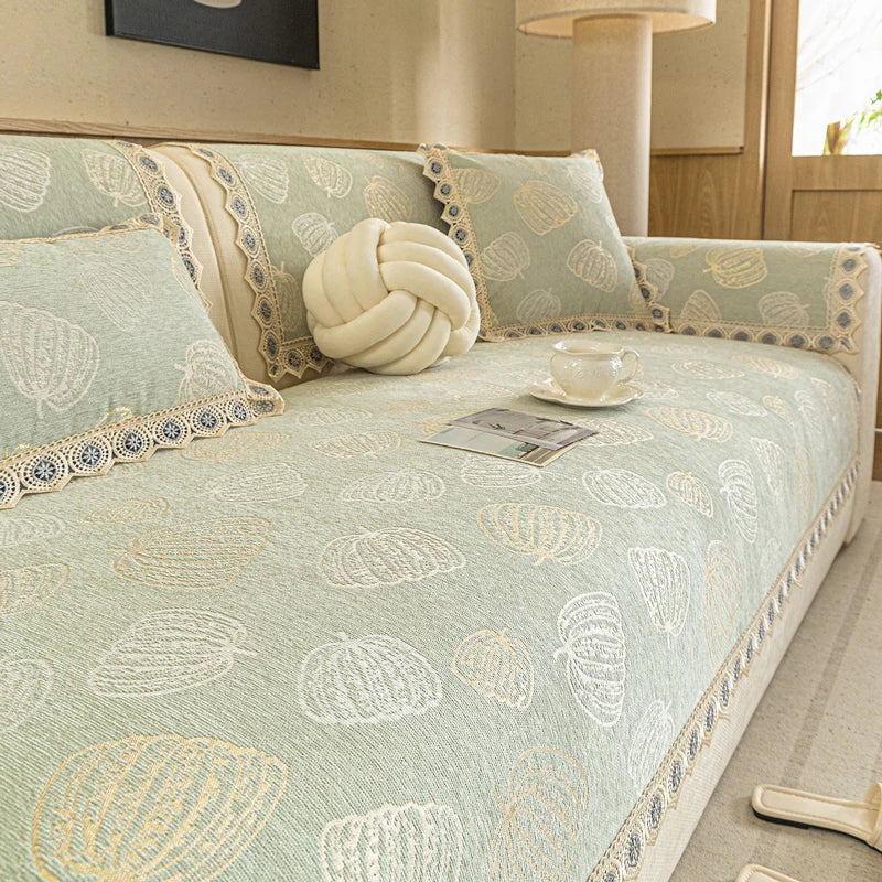 Luxury Beige Chenille Pumpkin Jacquard Sofa Cushion Cover with Lace Trim