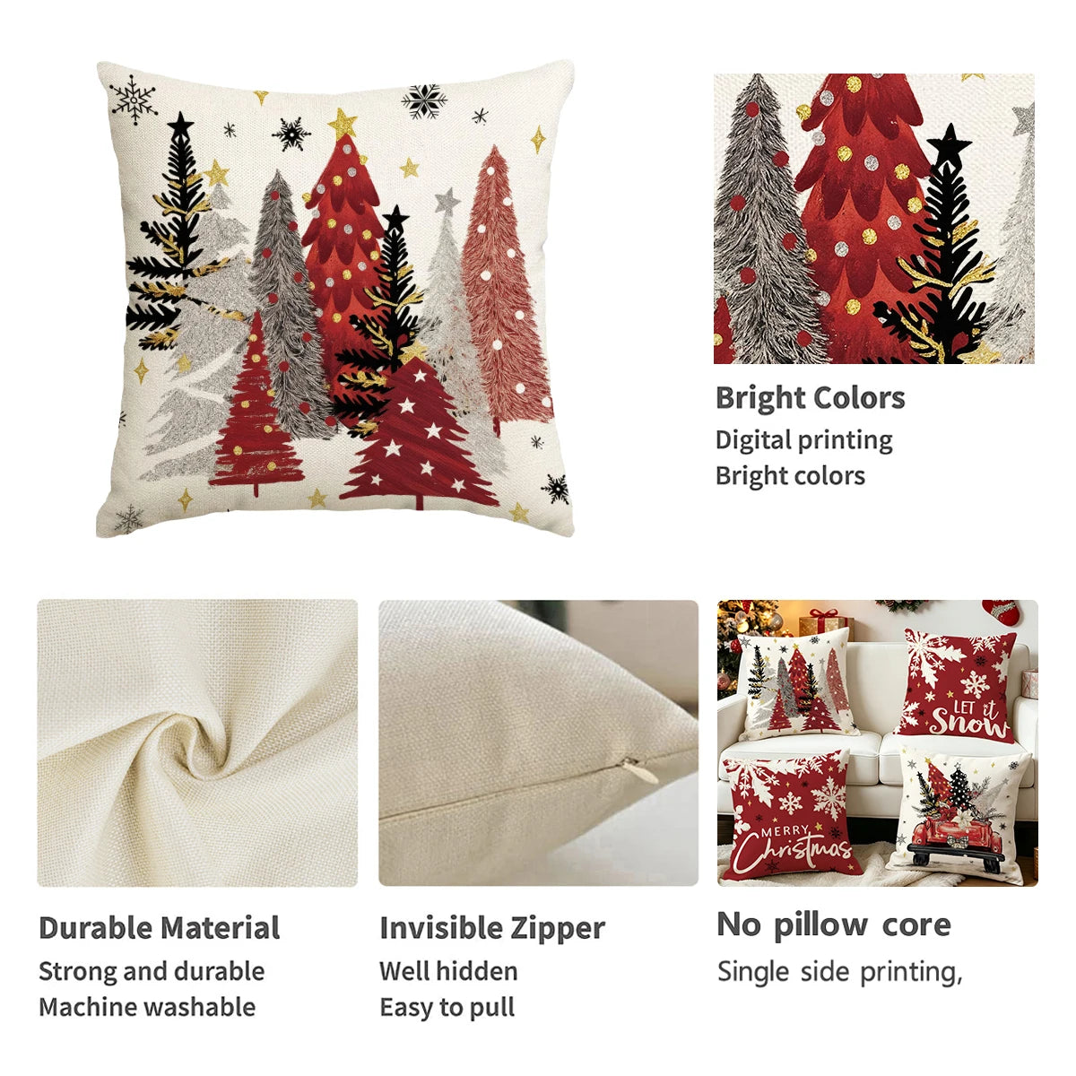 Vintage Christmas Holiday Decorative Throw Pillow Covers - Set of 4