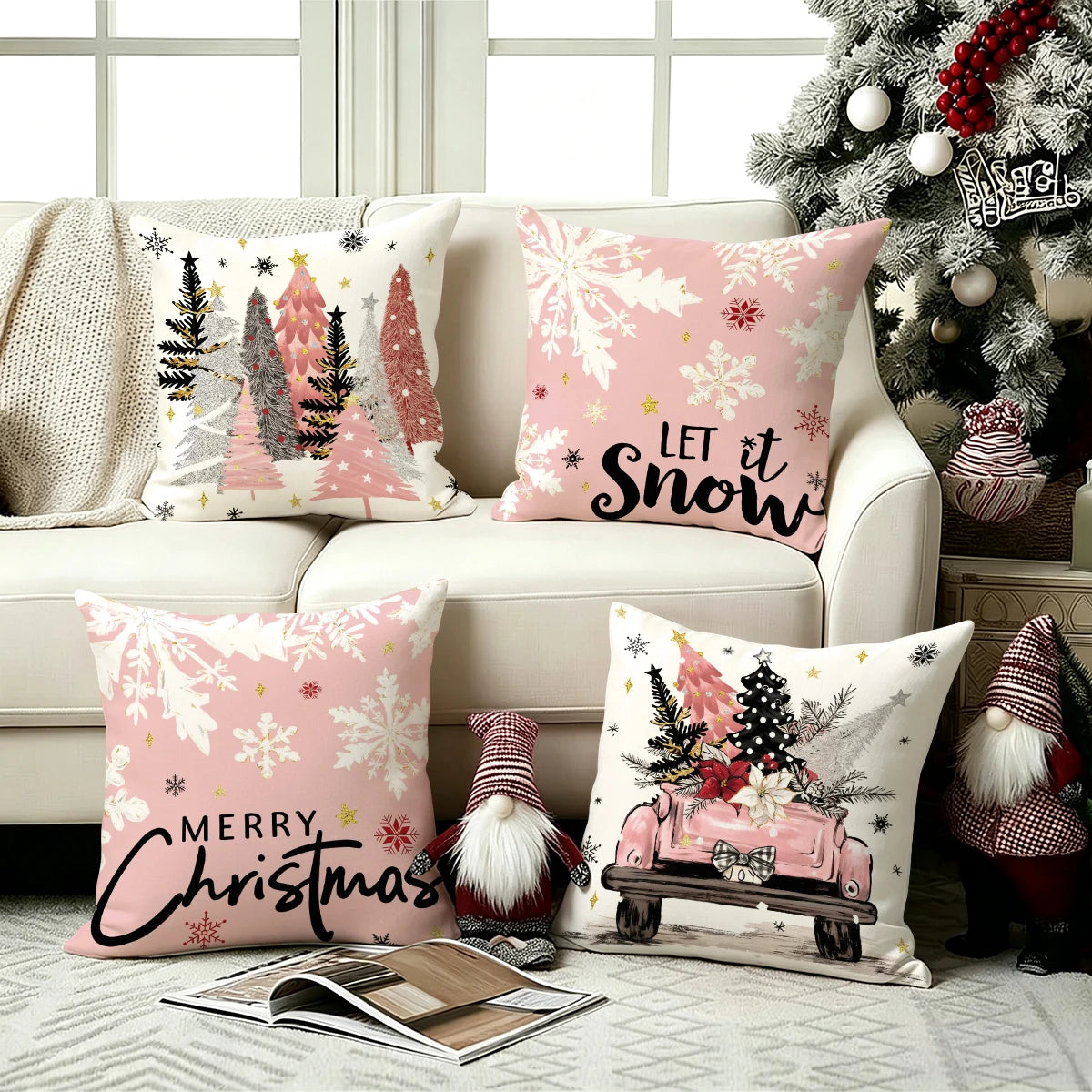 Vintage Christmas Holiday Decorative Throw Pillow Covers - Set of 4