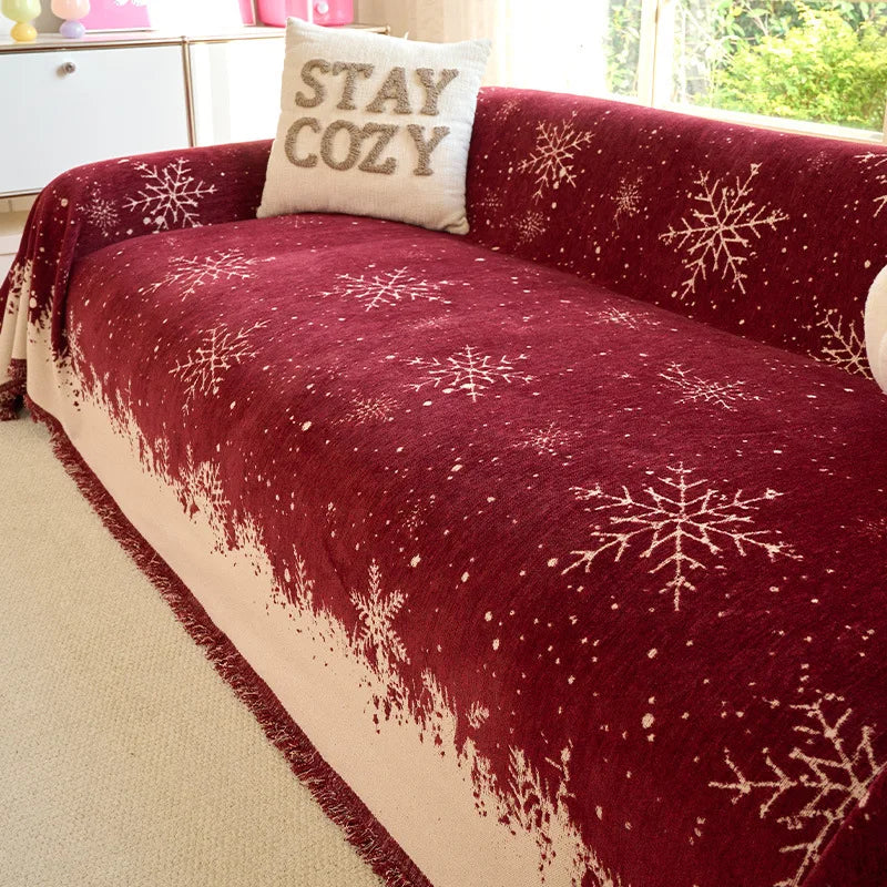 Festive Holiday Red Chenille Jacquard Anti-Scratch Sofa Slipcover Blanket